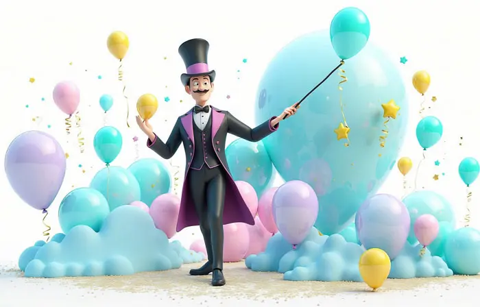 Magician in Costume with a Magic Wand 3D Character Design Illustration